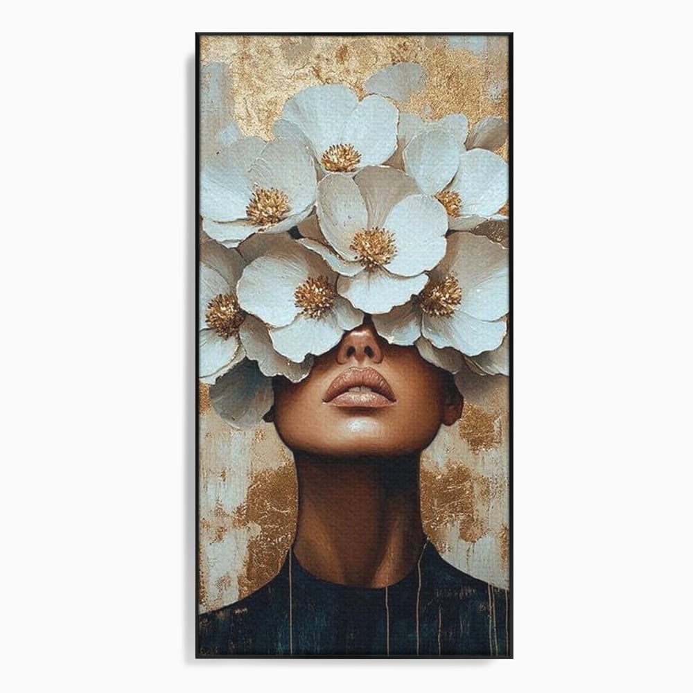 Tablou canvas cu tablou canvas portret feminin cu flori, in rama de aluminiu negru